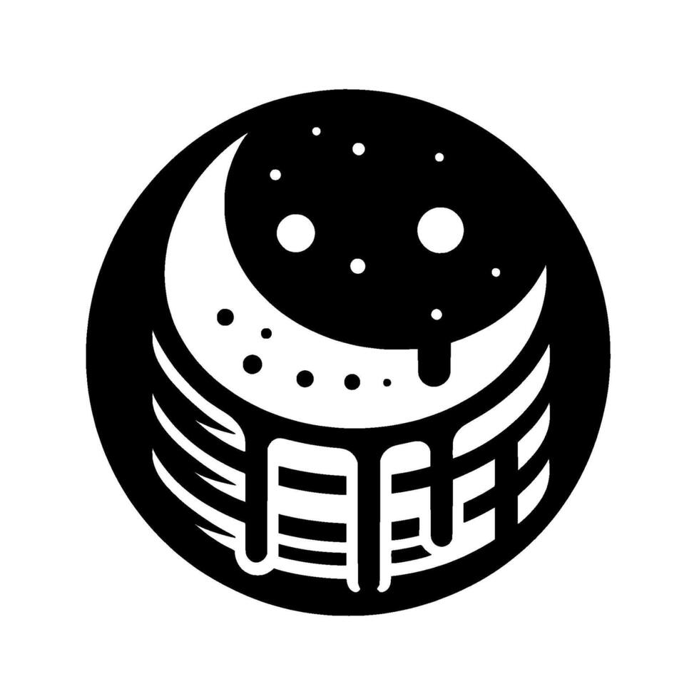 A stylized monochrome with a moon crescent and stack of pancakes, featuring dripping syrup and cosmic dots, enclosed within a circle. vector
