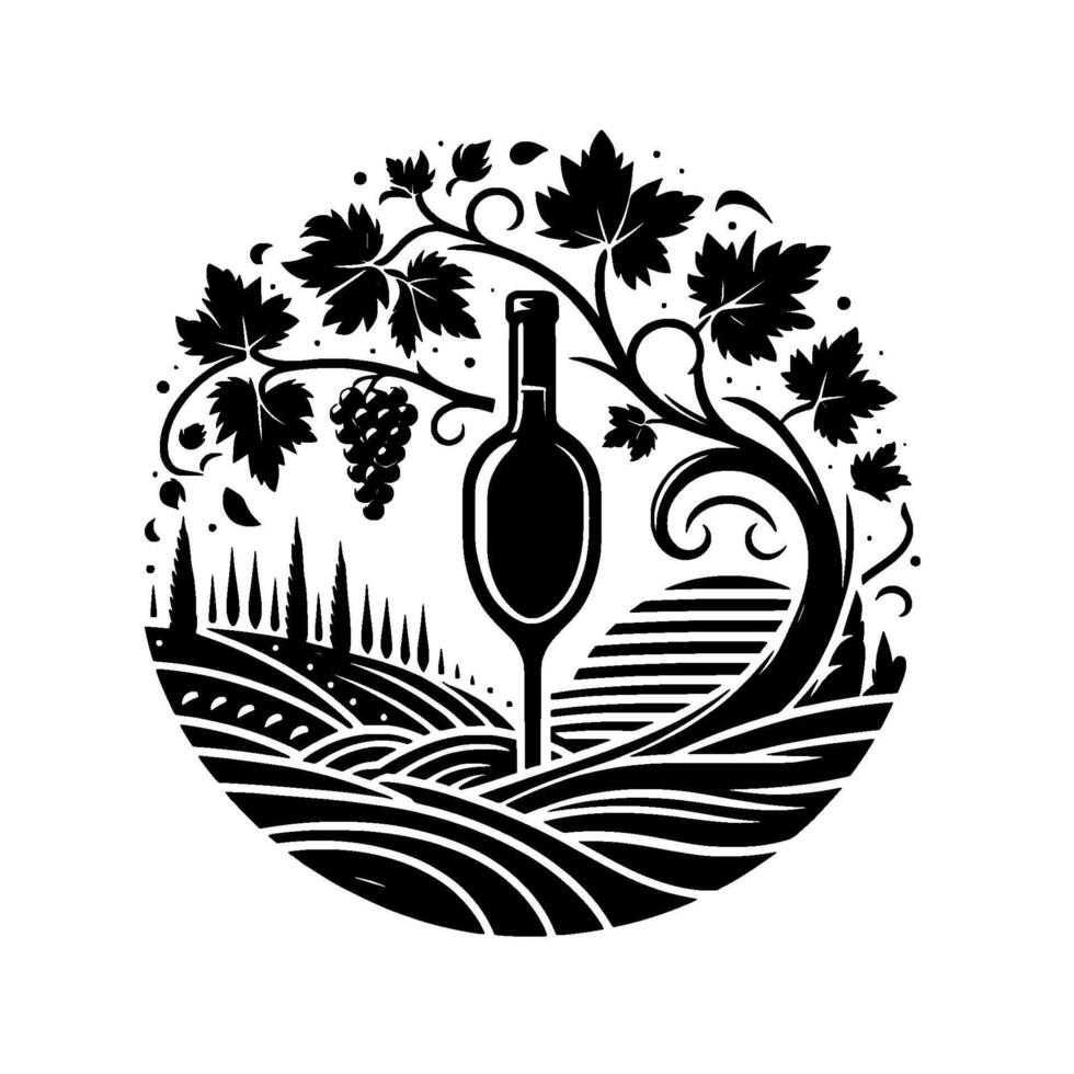 Black and white circular illustration depicting a wine bottle standing amidst a vineyard landscape, surrounded by grape vines and rolling hills. vector