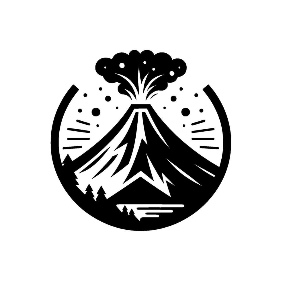 Circular Black and White Illustration of an Erupting Volcano Surrounded by Trees and Lake Landscape, Symbolic of Natures Power. vector
