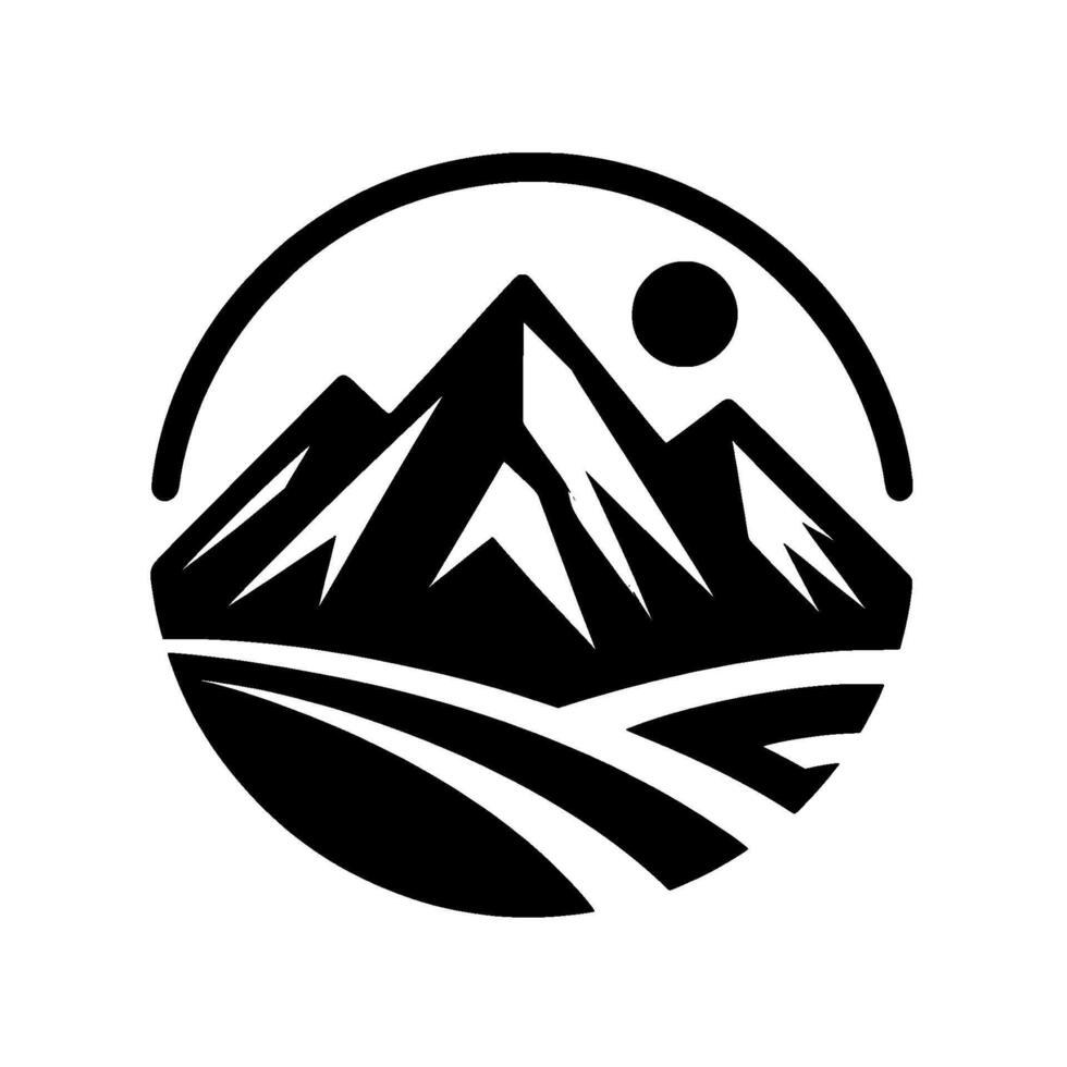 Minimalist black and white circular featuring a mountain range, sun, and stylized landscape, perfect for outdoor brands. vector