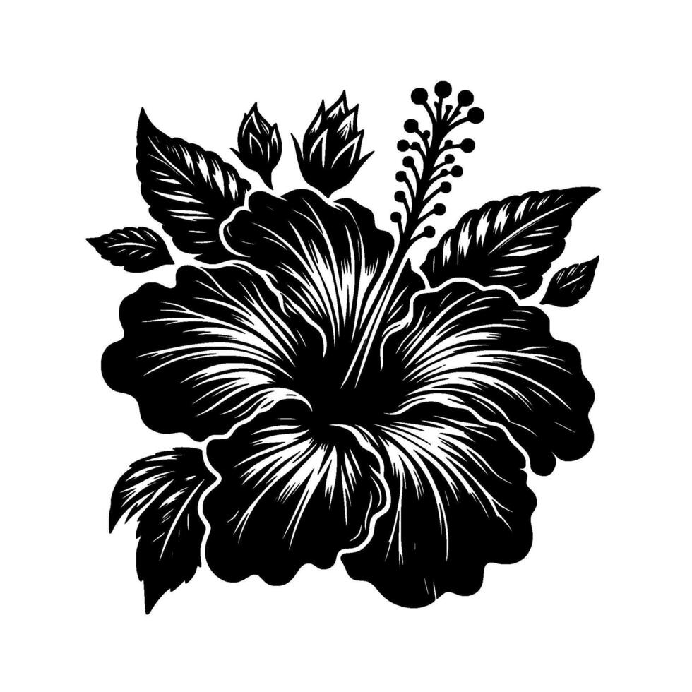 Elegant monochrome illustration of a stylized Hibiscus flower in full bloom, surrounded by leaves and buds on a white background, perfect for elements. vector