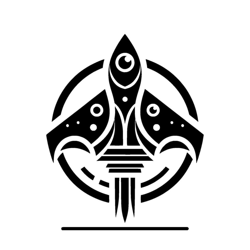 Stylized Black and White Rocket Ship with Circular Frame, Ornate , Clean Aesthetic, Isolated on White. vector