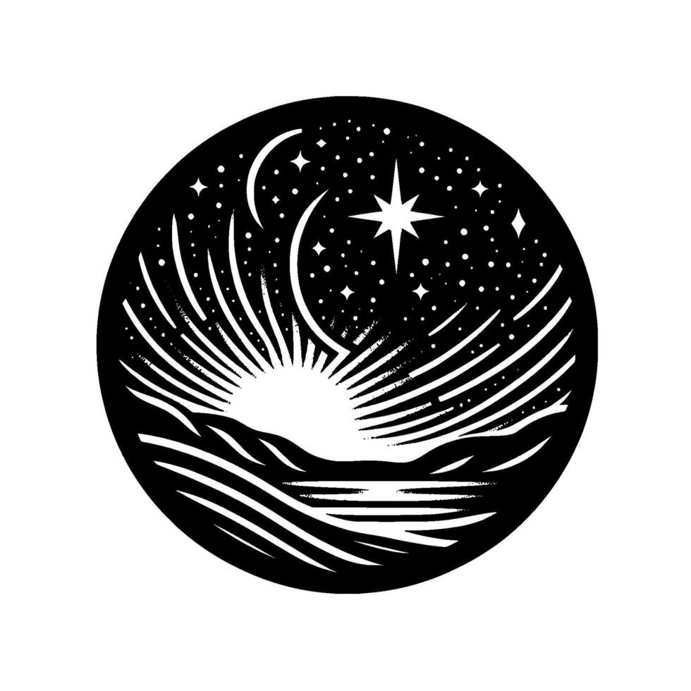 Celestial nightscape inside a black circular frame, showcasing moon, stars, sun, and layered landscape with a minimalist aesthetic. vector
