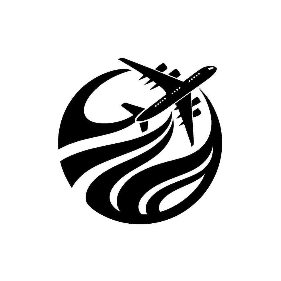 Silhouetted airplane soaring above stylized wind currents within a circular, minimalist, travelthemed . vector
