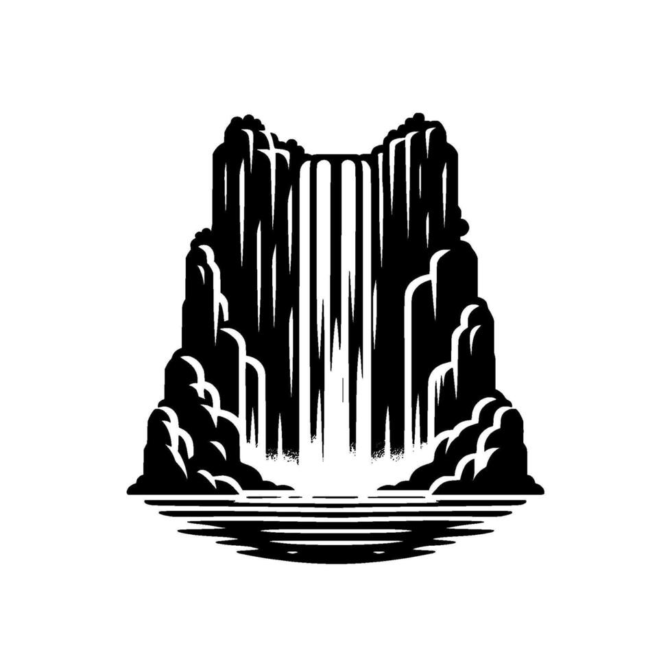 Vectorized, black and white minimalist illustration of a cascading waterfall framed by stylized rock formations and water reflections. vector