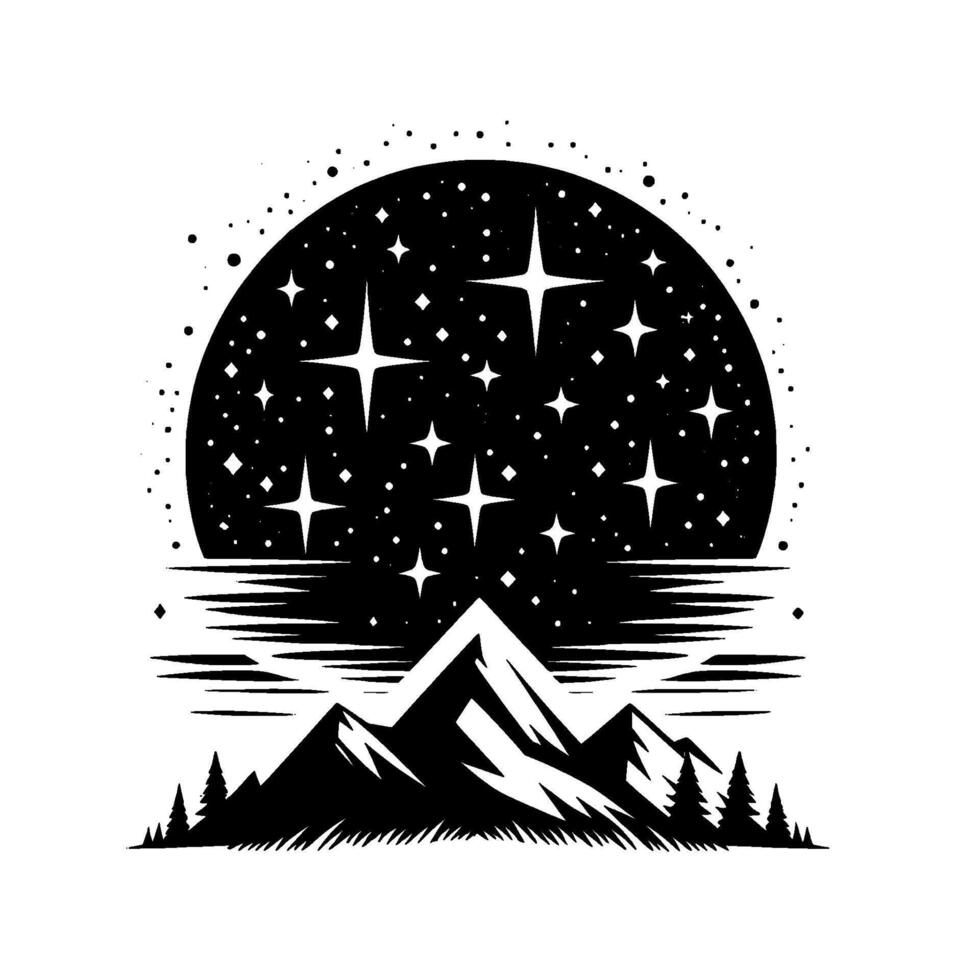 Stylized Black and White Nightscape Starry Sky Reflecting on Water Over Mountain Range with Pine Trees. vector