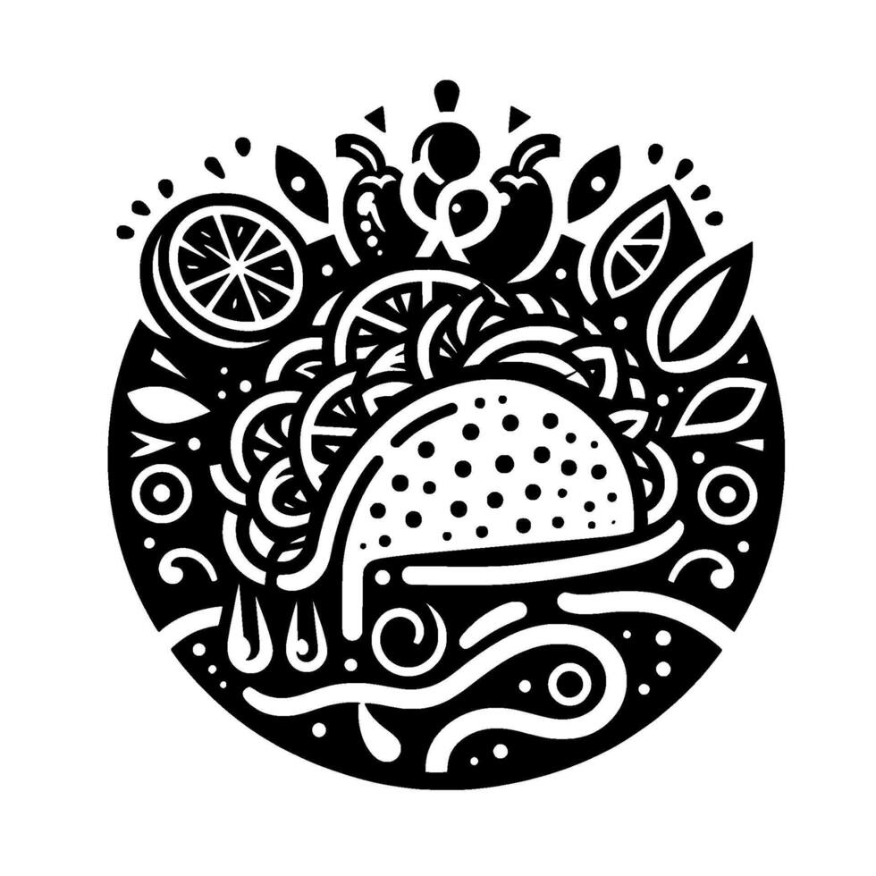 Stylized Black and White Illustration of a Delicious Taco, Bursting with Fresh Ingredients in a Circular . vector