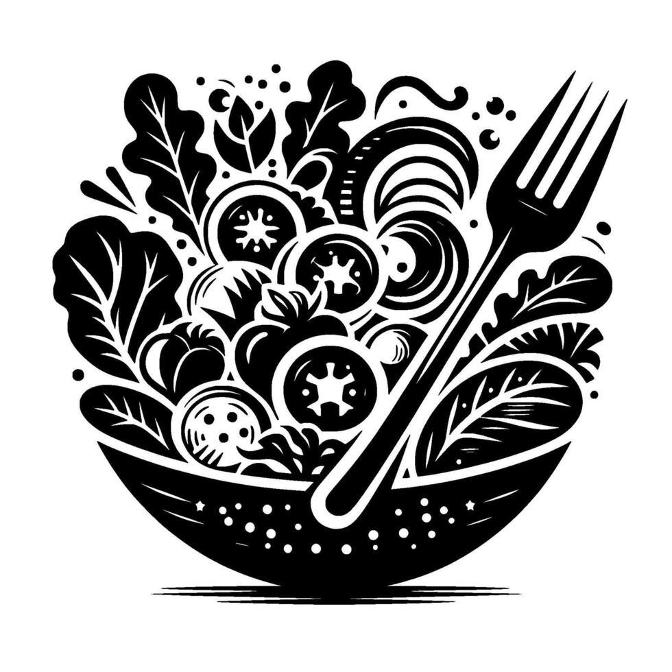 Stylized black and white illustration of a vibrant healthy salad bowl overflowing with various vegetables, paired with a prominent fork. vector