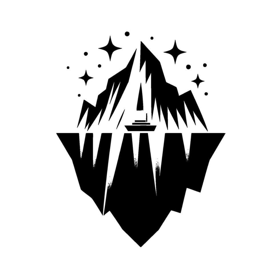 Stylized Black and White Illustration of a Sailboat Navigating a Mountainous Landscape Beneath a Starry Sky. vector