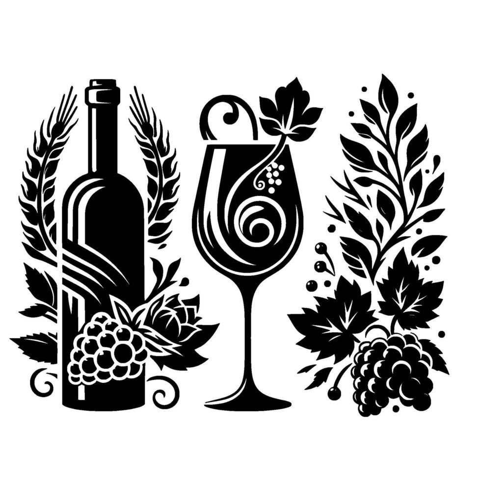 Elegant Black and White Wine Illustration with Bottle, Glass, Grapes, and Botanical Elements vector