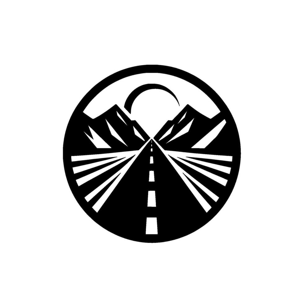 Minimalist black and white featuring a mountain road leading to the horizon, enclosed in a circle with sun crescent. vector