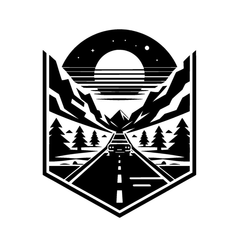 Geometric Black and White Road Trip Illustration Car on a Highway Through Mountains, Under Night Sky within a Badge. vector