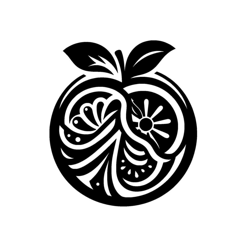 A stylized, black and white apple illustration featuring intricate floral and sunburstlike designs within its silhouette, with two leaves at the top. vector