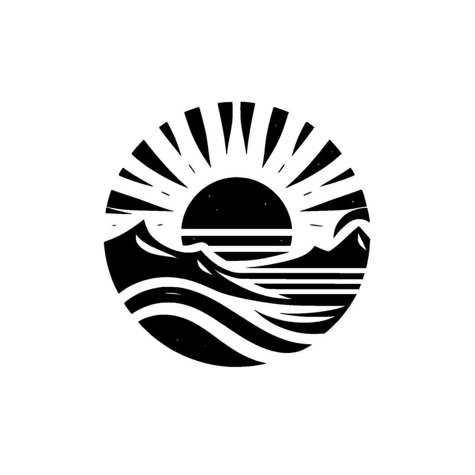 A stylized circular of a black sunburst over stylized ocean waves, mountains, and horizon, against a white backdrop. vector