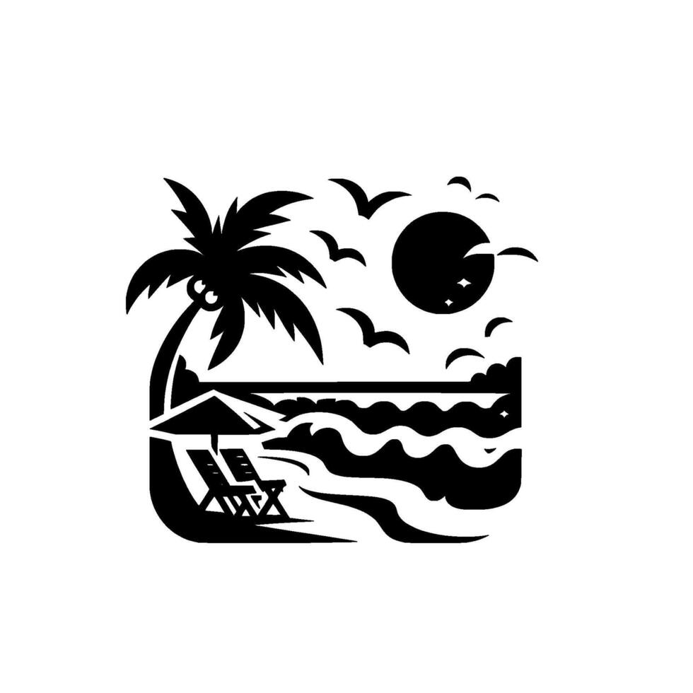art illustration of a serene beach scene with palm tree, lounge chairs, waves, sun, birds, and umbrella, perfect for travel and vacation. vector