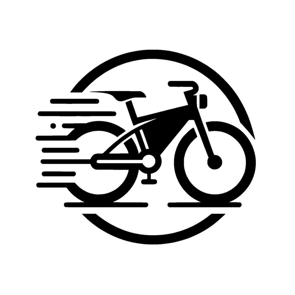Black silhouette of a speeding bicycle within a circle, minimalist , speed lines, isolated on white. vector
