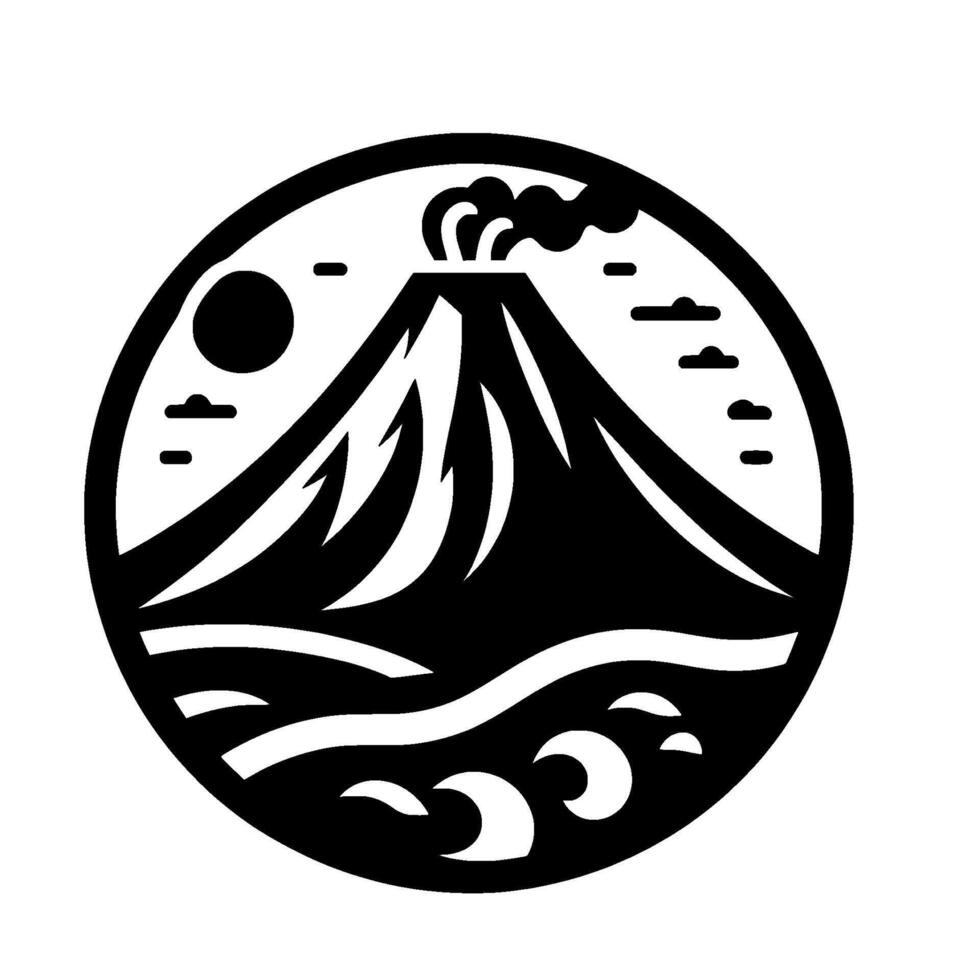A minimalist black and white circular depicting a volcanic mountain, with sun, clouds, and waves, evoking Japanese aesthetics. vector