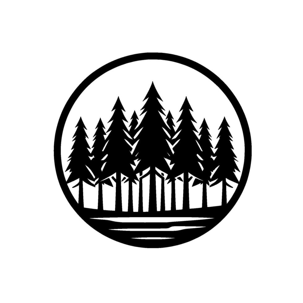 Black silhouette of evergreen forest and water line within a circular frame on white background, minimalist . vector