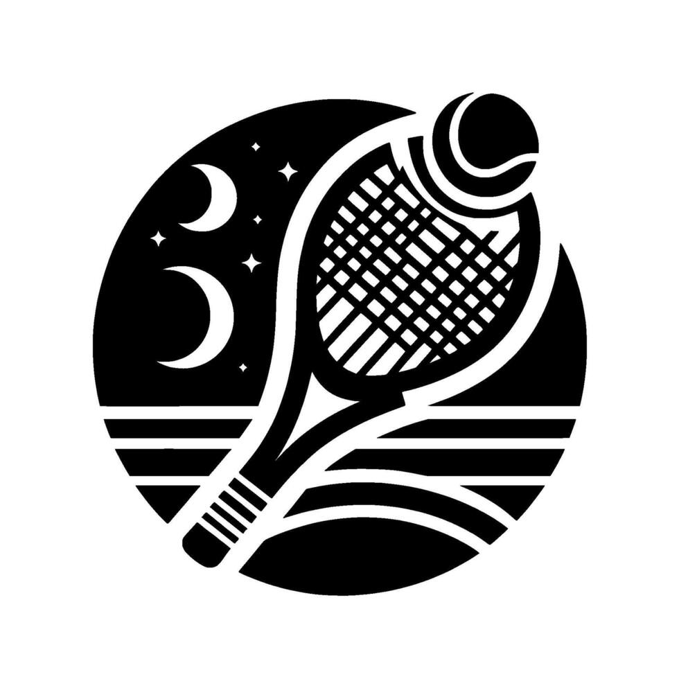 Black and White Circular Illustration of Tennis Racket, Ball, and Night Sky with Moons and Stars, Sports vector