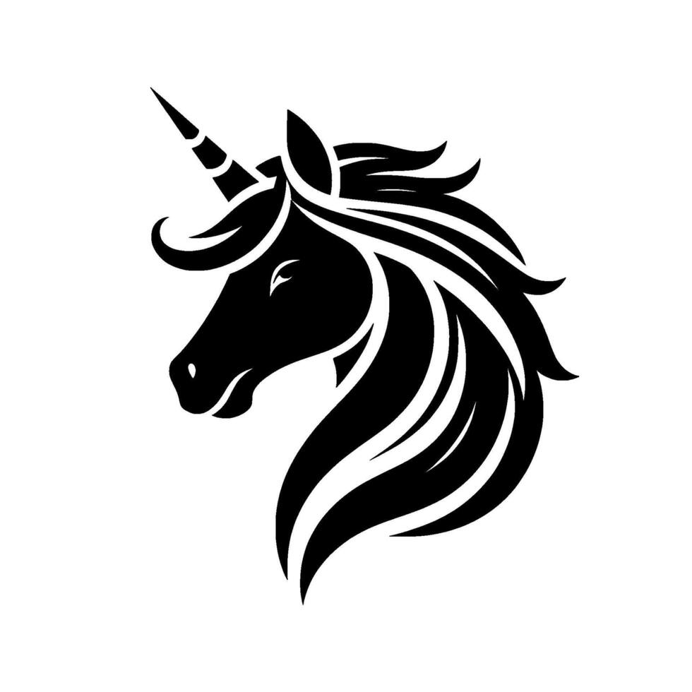 Stylized Black and White Unicorn Head Silhouette with Flowing Mane, Isolated on White Background. vector