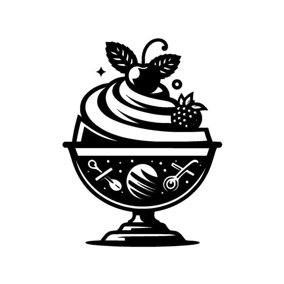Elegant Black and White Dessert Illustration Whipped Cream Sundae with Cherry, Raspberry, and Ornamental Symbols. vector
