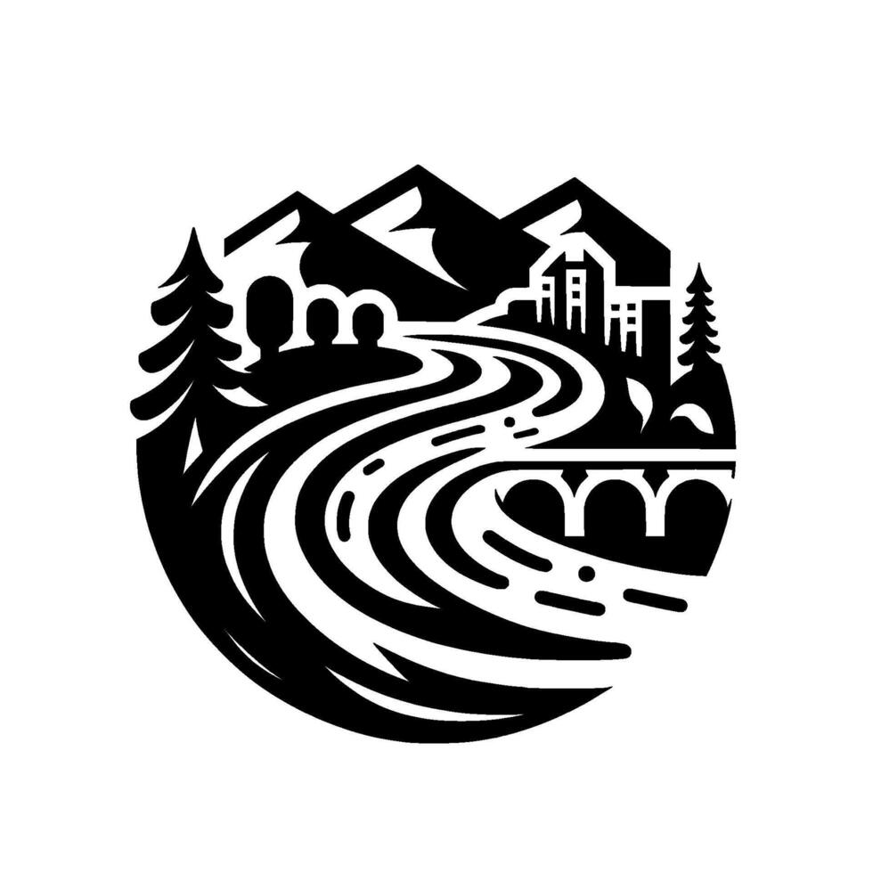 Black White Circular Illustration of a Mountain Landscape Featuring River, Bridge, Trees, and Buildings, Clean Aesthetic. vector