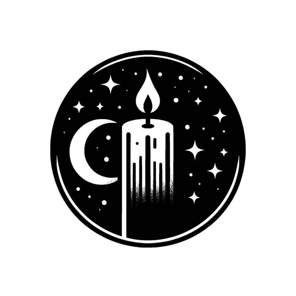 Symbolic Black and White Circular of a Burning Candle, Crescent Moon, and Stars, Reflecting Nighttime Mysticism. vector