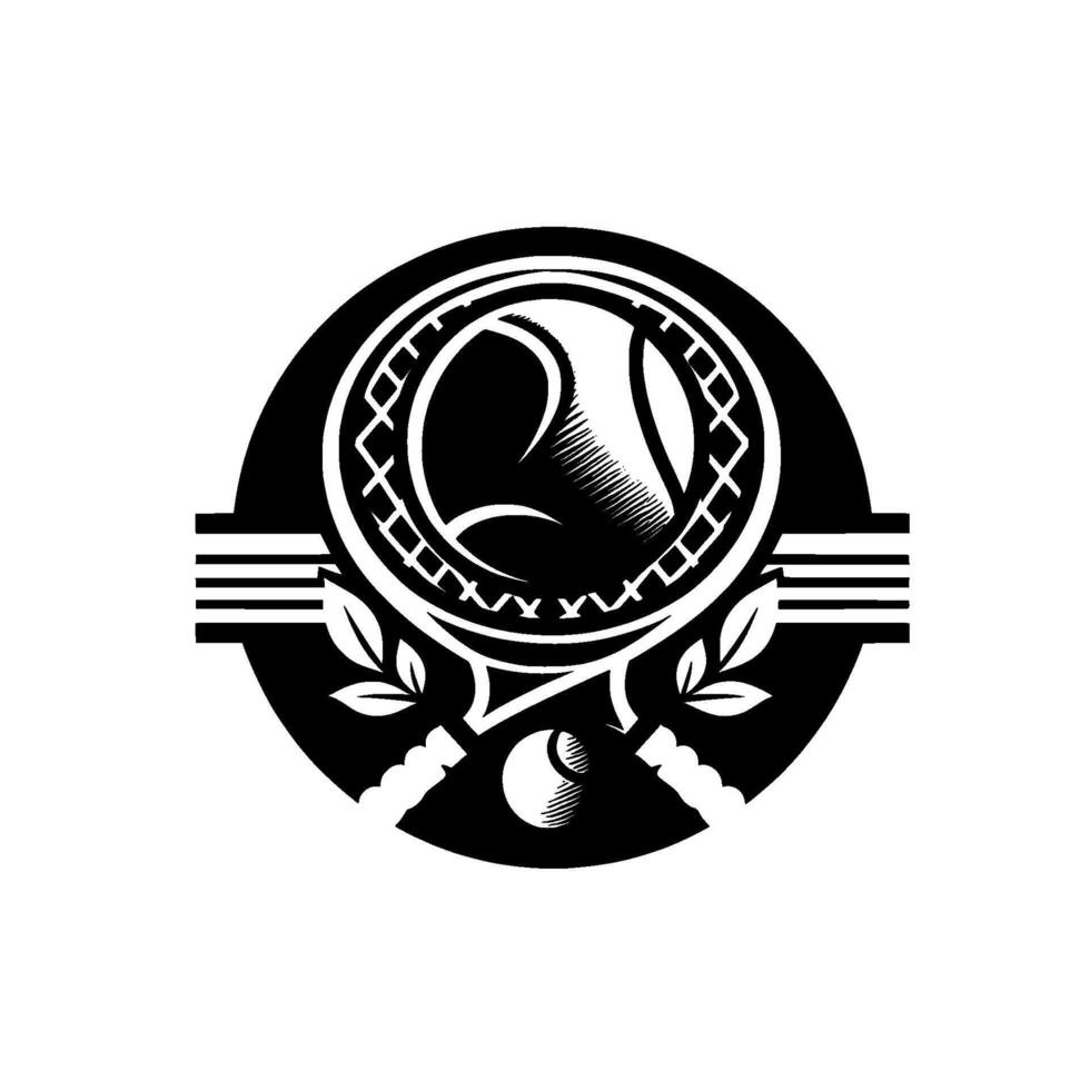 Bold Black White Tennis Emblem Tennis ball inside a racket, surrounded by a circle, leaves and tennis ball elements, style. vector