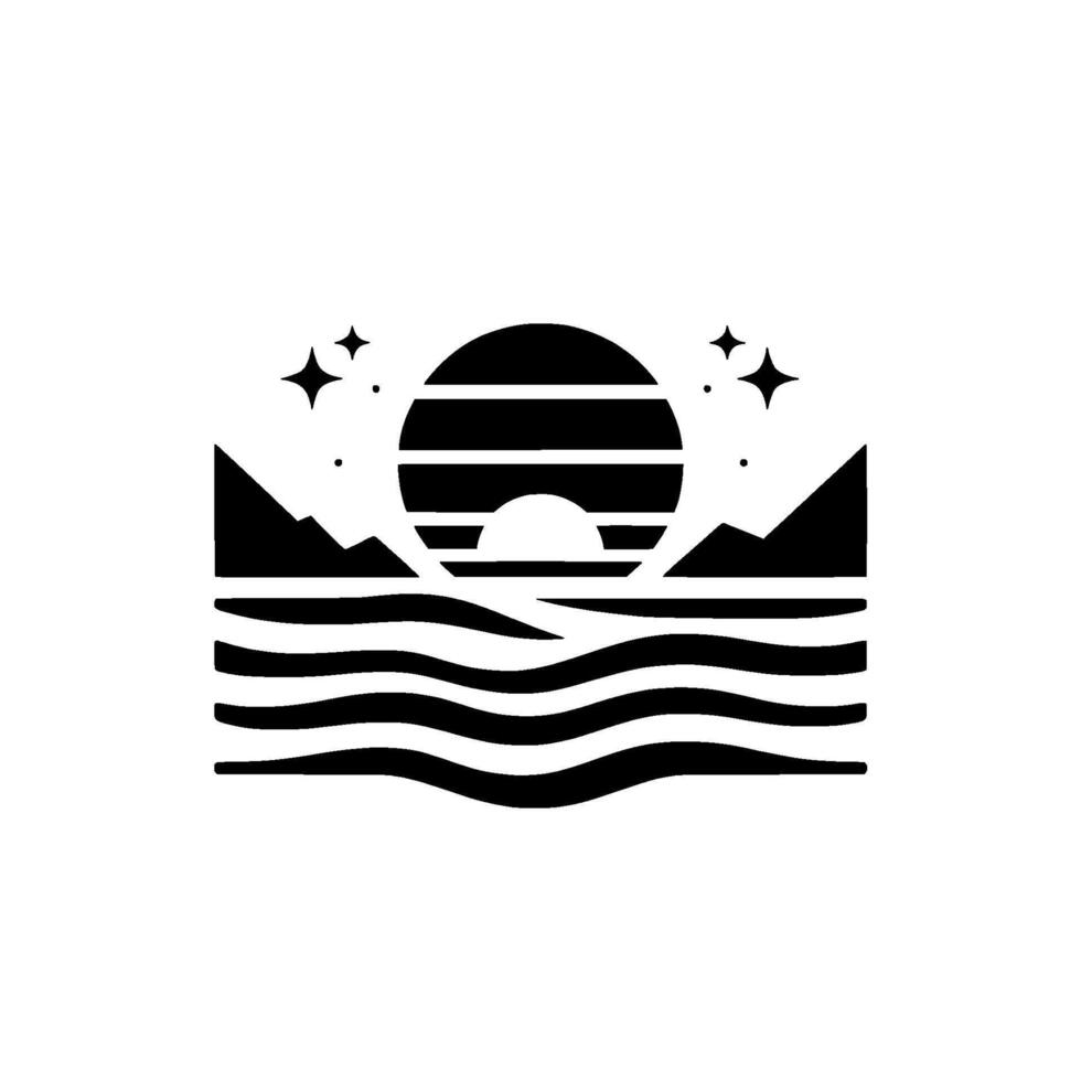 Minimalist Black and White Illustration of a Scenic Landscape, with a Sun, Mountains, Water, and Stars in a Flat . vector