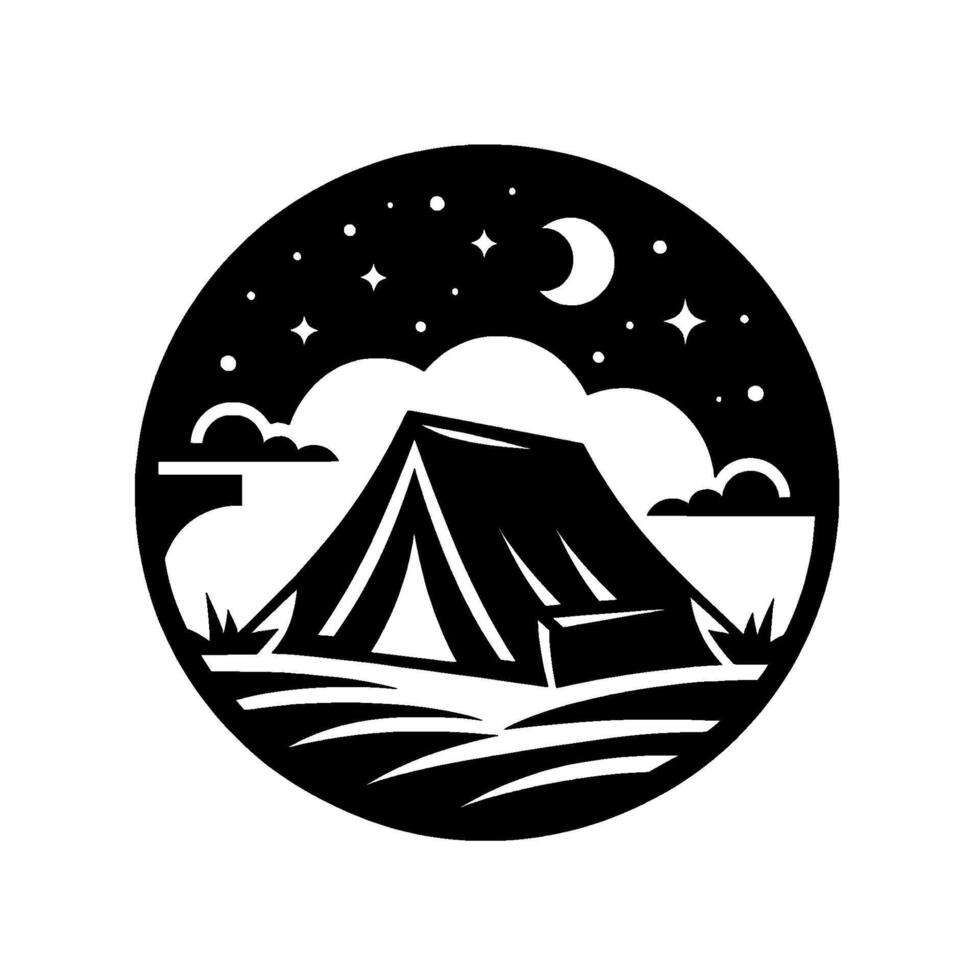 Black and White Camping Scene A stylized illustration of a tent nestled in a landscape under a starry night sky, within a circular border. vector