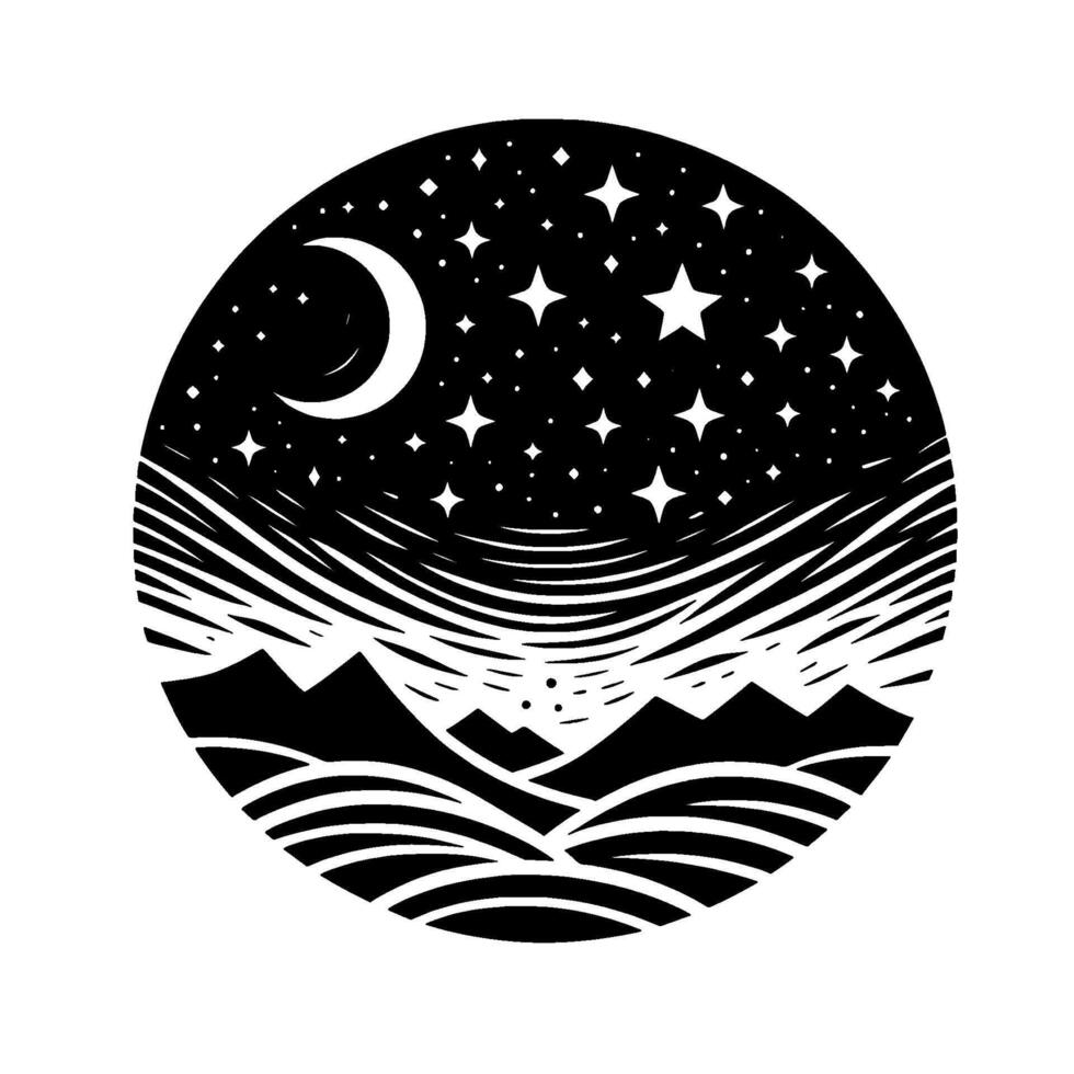 Serene Nightscape Crescent Moon Starry Sky Above Mountains Rolling Hills, Encapsulated in a Circle of Black White. vector