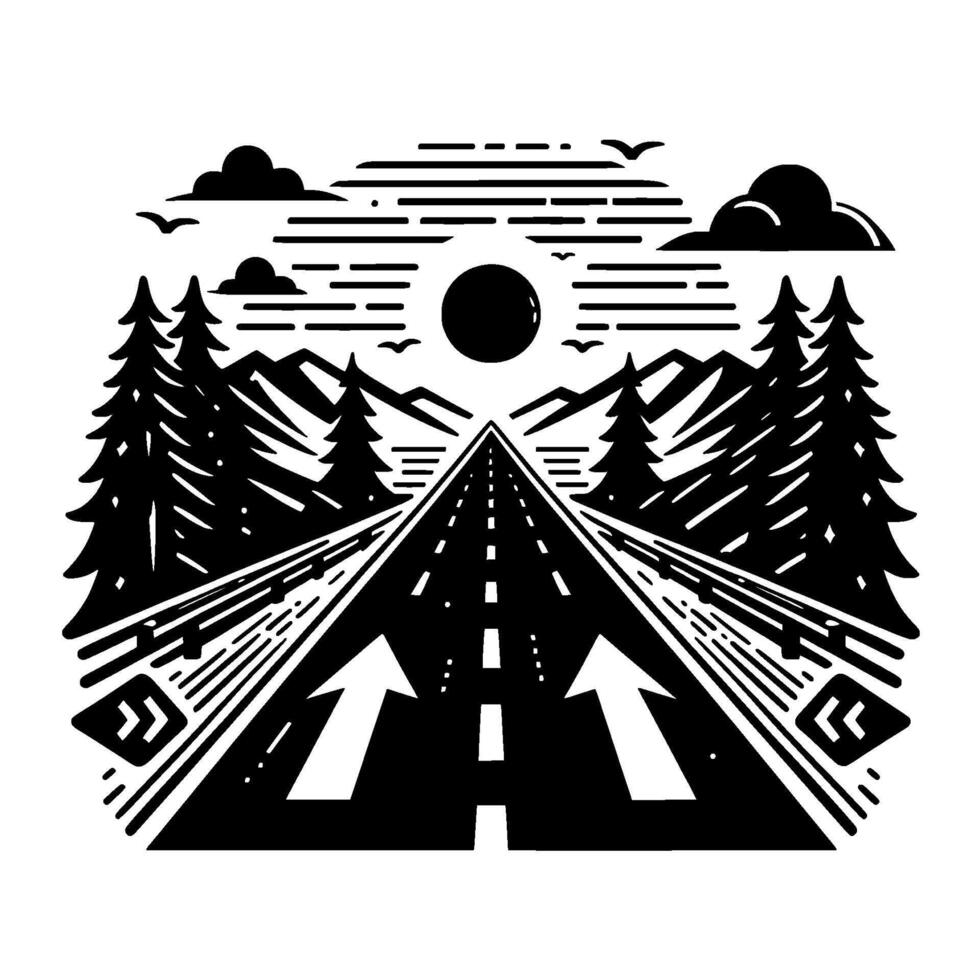 Black and white minimalist illustration of a road leading to a sun, framed by forest, mountains, and clouds. vector