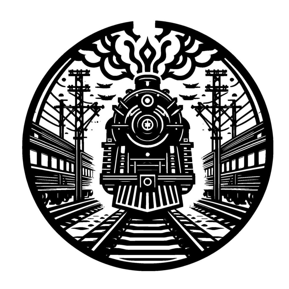 Vintage steam train, black and white, circular , traveling on tracks between train cars and power lines, steam rising, planes in sky. vector