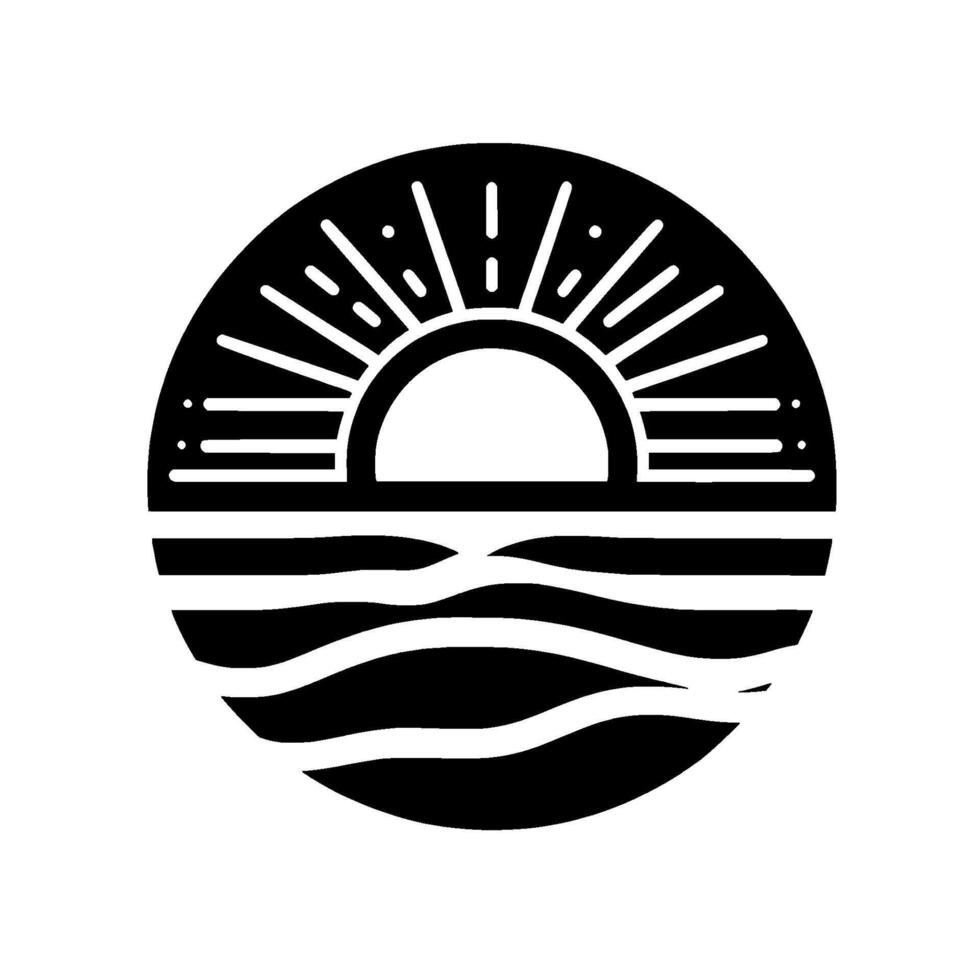 A minimalist black and white circular depicting a sun rising over the ocean, stylized with geometric lines. vector