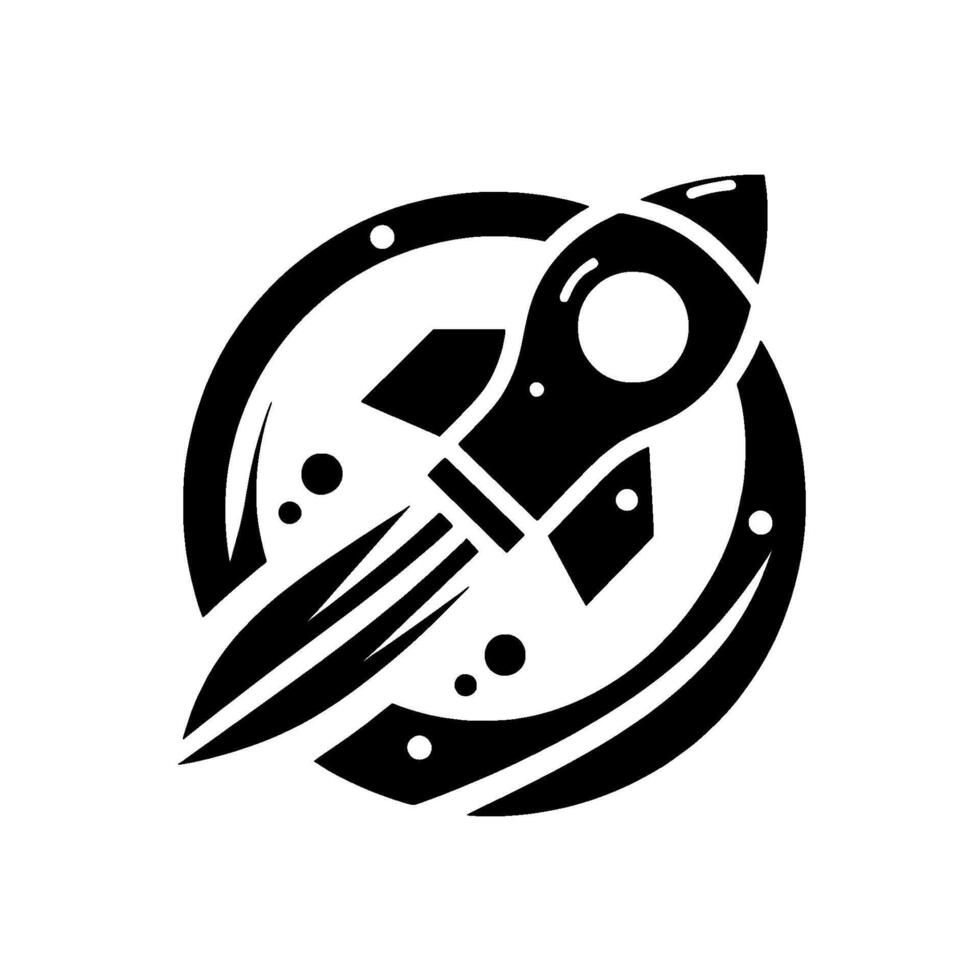 Black and White Illustration of a Rocket Ship Leaving the Earth inside a Circle. vector