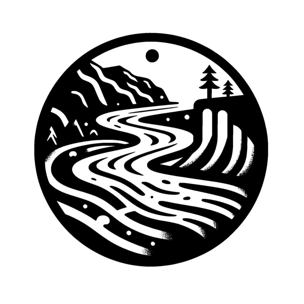 Black and White Stylized Circle Landscape Winding River, Mountain, Trees, Moon, Monochrome Art vector