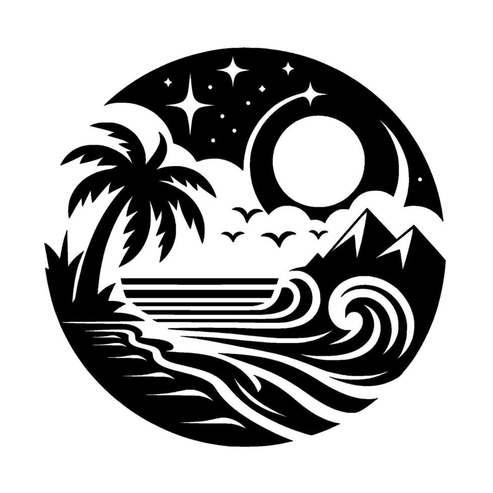 Black and White Circular Illustration Depicting Night Beach Scene with Palm Tree, Waves, Mountains, Birds, Stars and Moon. vector