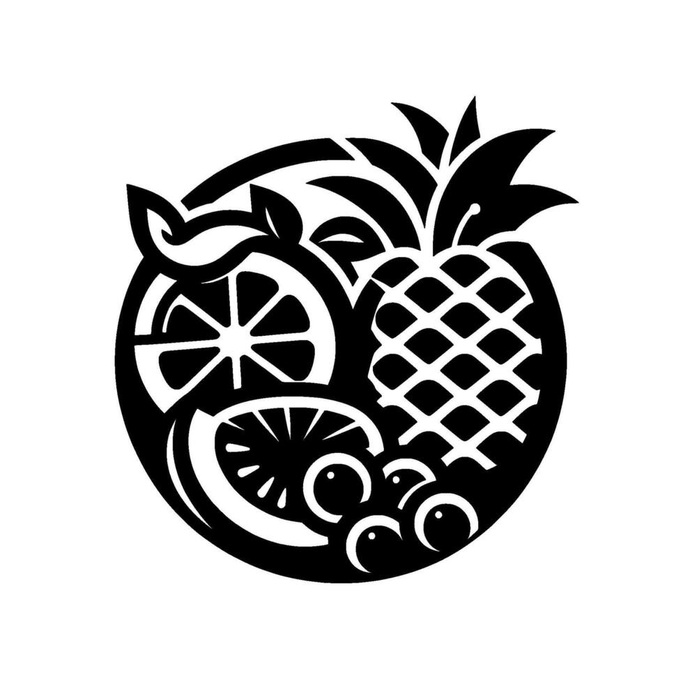 Stylized Black and White Circular Illustration Pineapple, Citrus Slices, and Berries Composition within a Circle. vector
