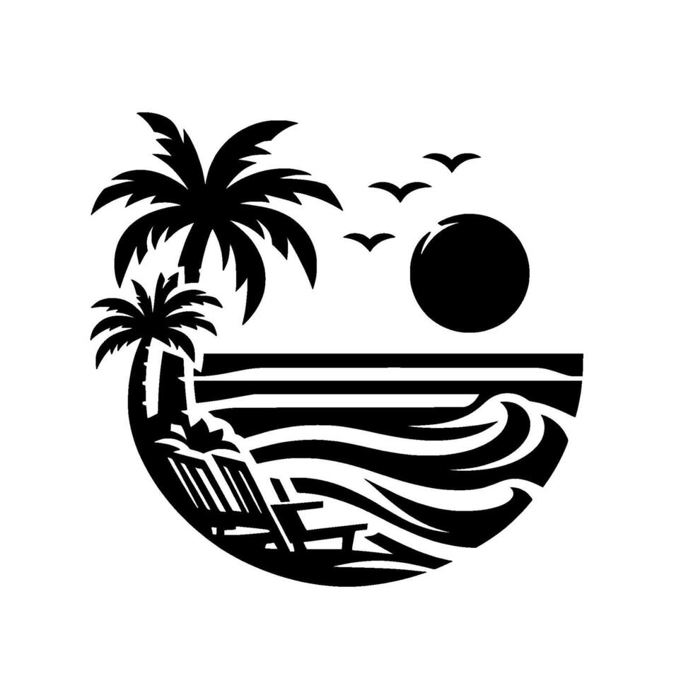Black and white of a serene beach scene featuring palm trees, a deckchair, waves, sun, and seagulls. vector