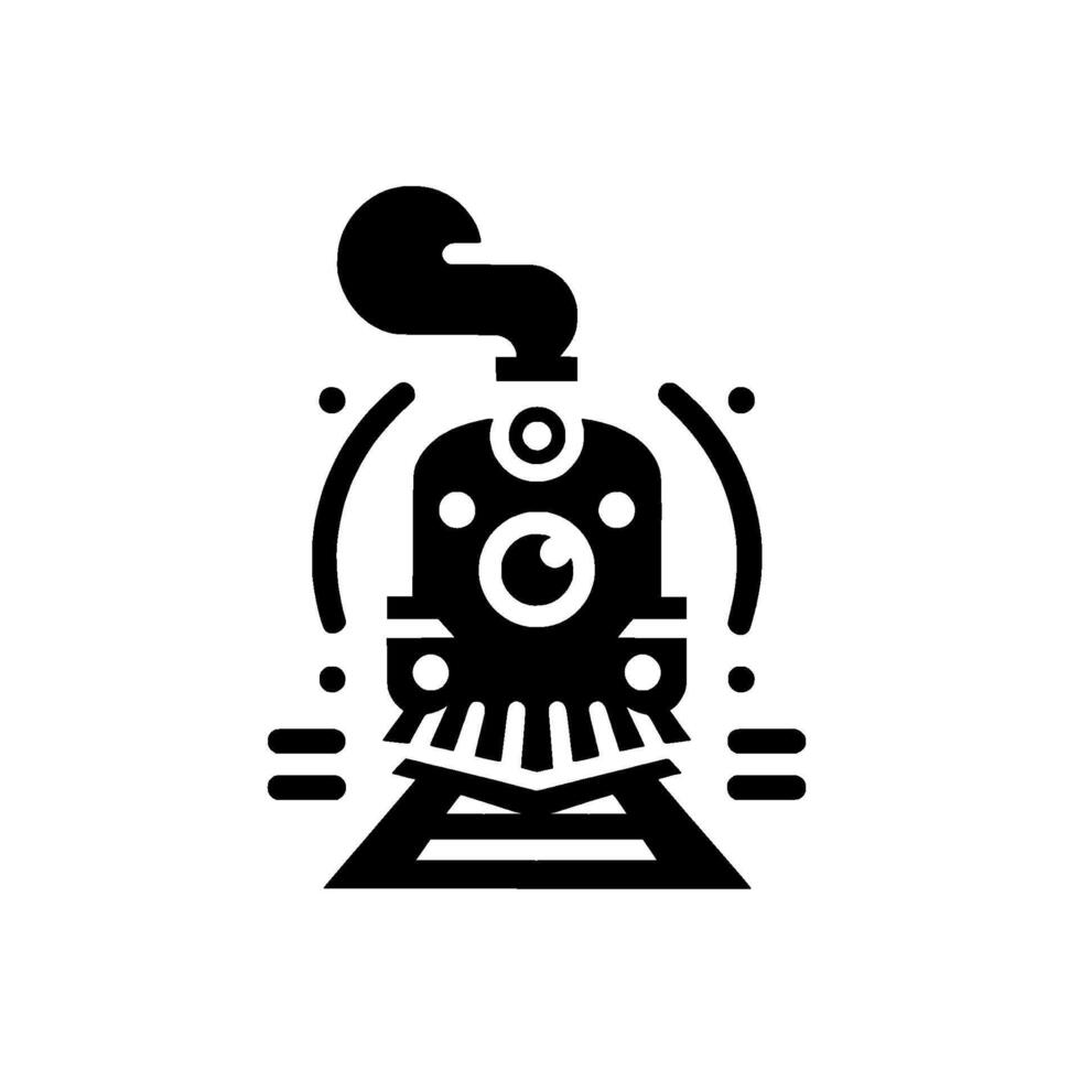 Stylized Black and White Steam Train Facing Forward on Tracks, Smoke Plume, Simple . vector