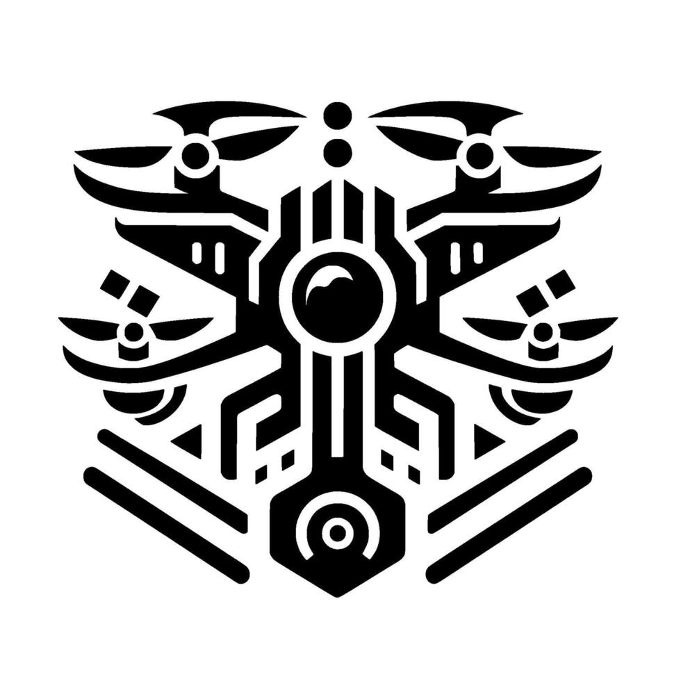 Abstract Black and White DroneUAVinspired Emblem, Symmetric with Rotors and Geometric Details, Isolated on White Background. vector