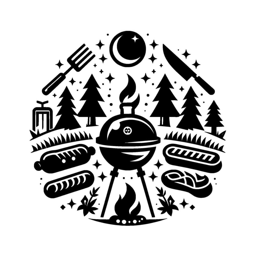 Circular Monochrome Illustration of a Nighttime BBQ in the Wilderness Grill, Food, Trees, Stars, Moon, and Utensils. vector