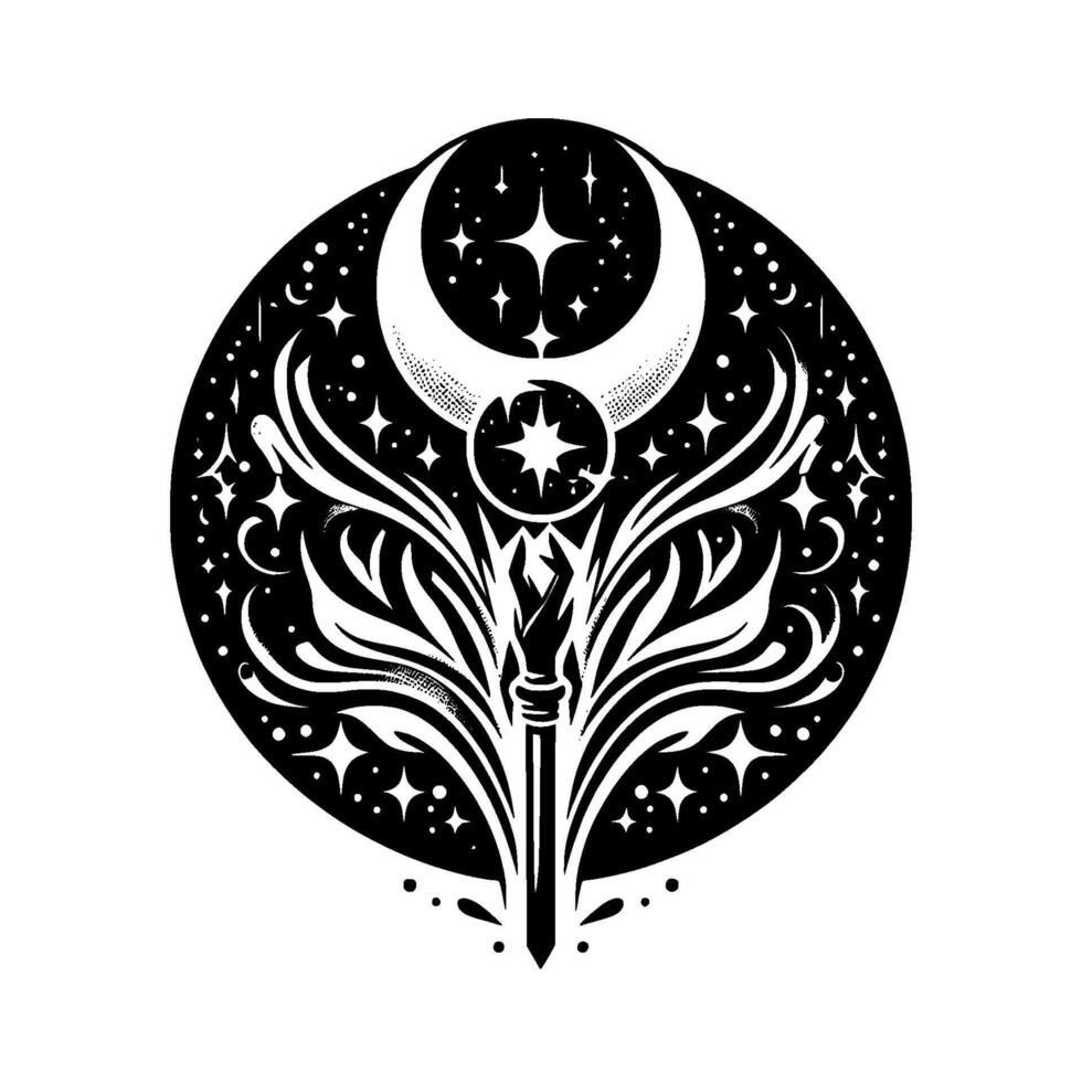 Celestial Emblem Crescent Moon, Star, and Stylized Floral Elements within a Circular Black and White . vector