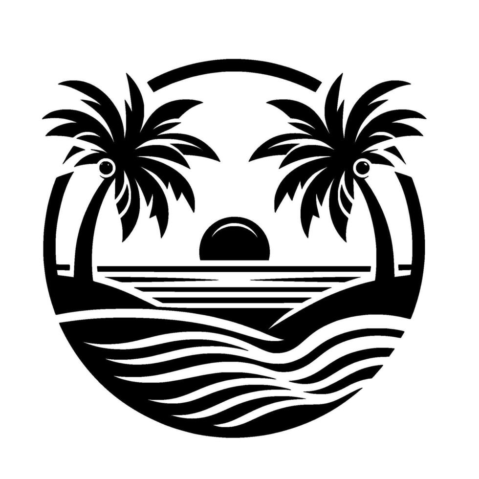Black and White Circular Silhouette Palm Trees, Sunset, Ocean Waves and Island Landscape within Circle. vector