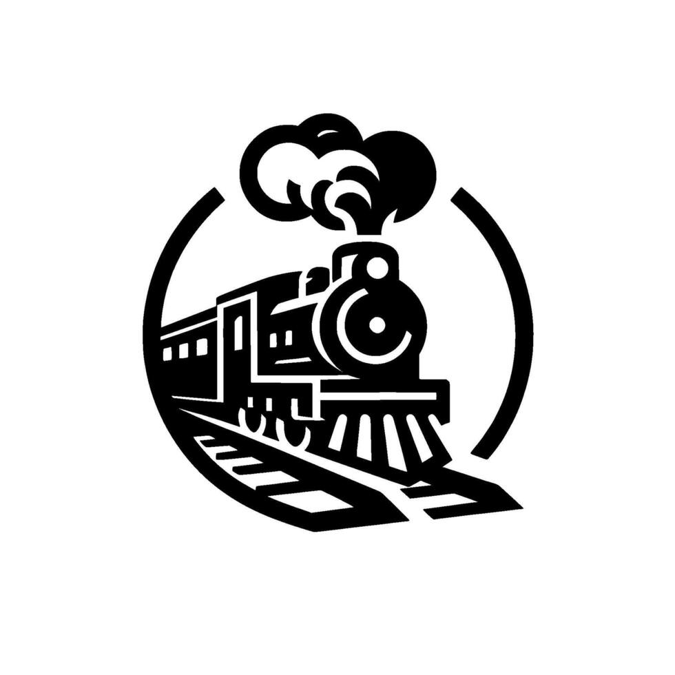 Vintage Black and White Train Inside a Circle, Showing a Steam Locomotive and Railway. vector