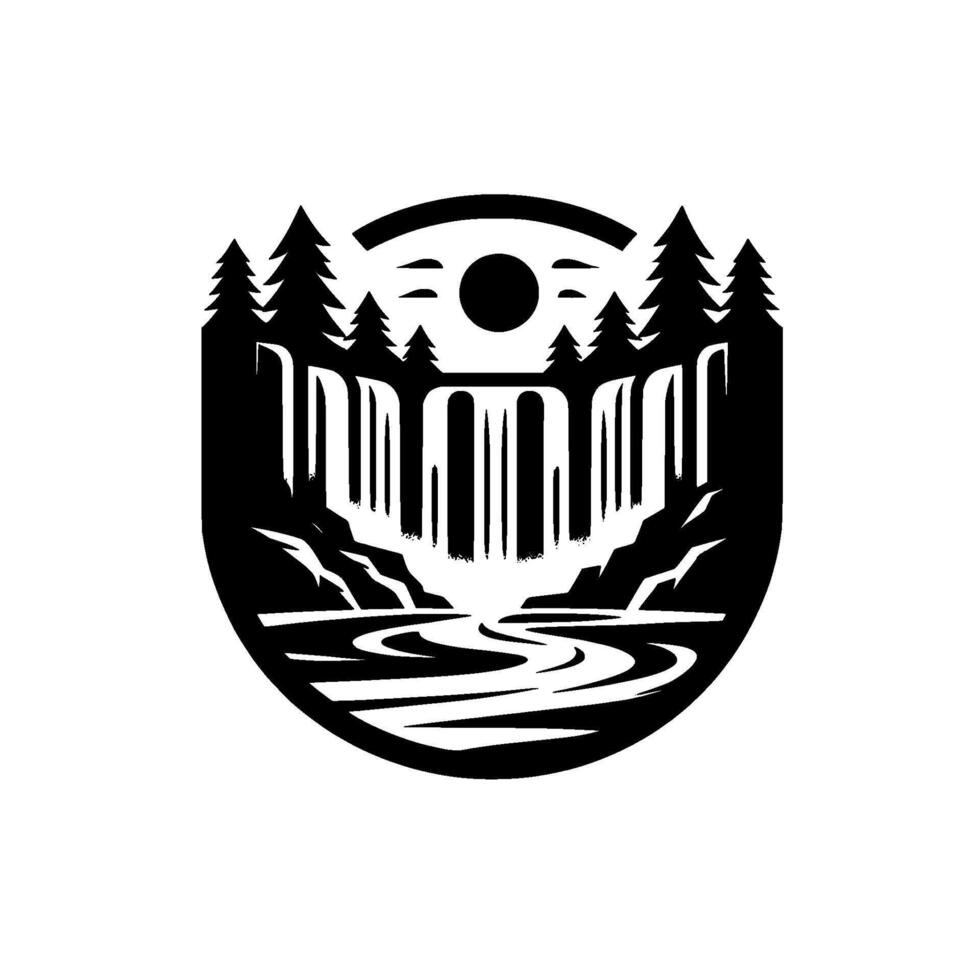 Monochrome Silhouette of a Waterfall Cascading into a River with Forest Trees, Sun, and Arch Elements Within a Badgelike Circular Frame vector