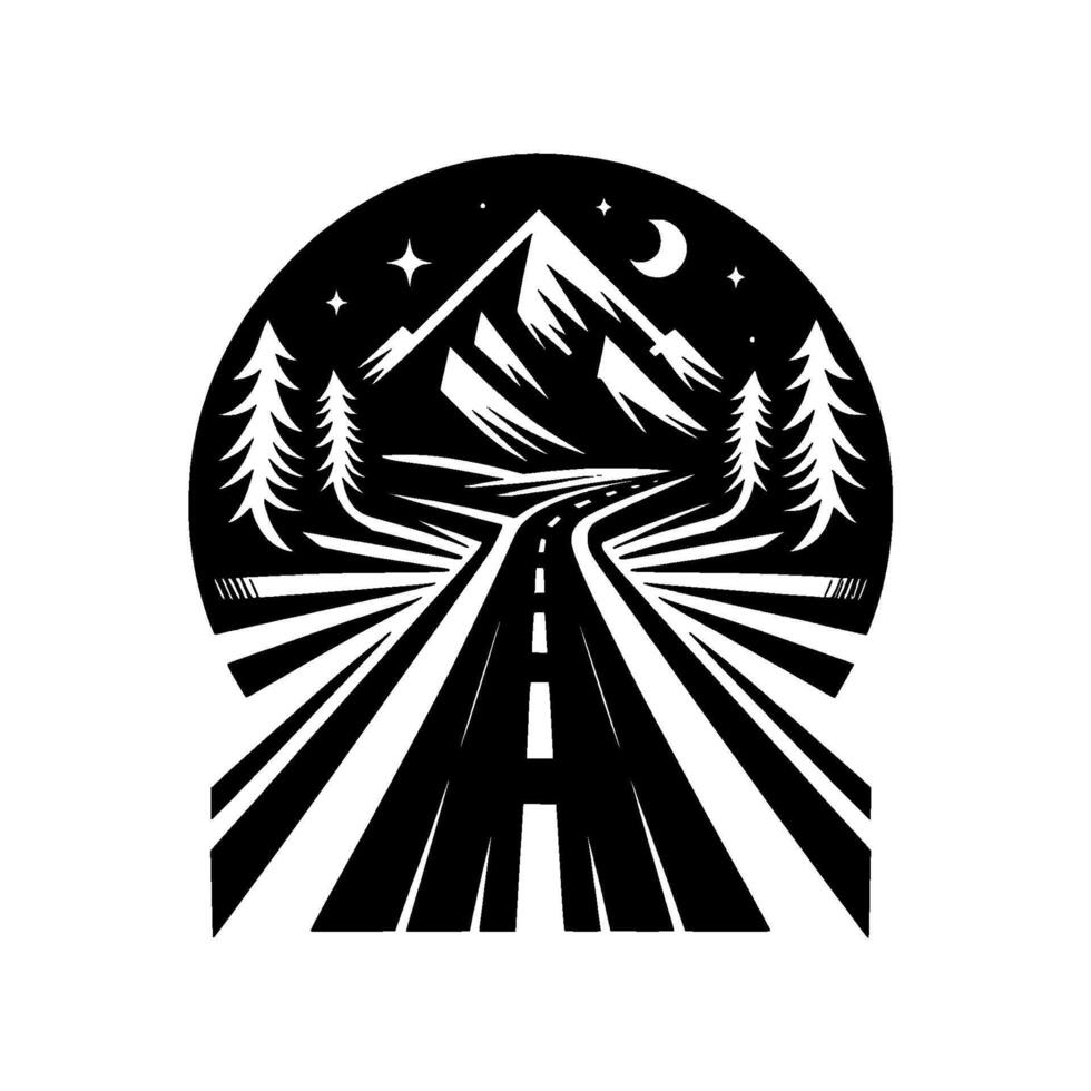 Black and White Silhouette Winding Road Leads to Majestic Mountains Under a Night Sky of Stars and Crescent Moon, Framed by Pine Trees. vector