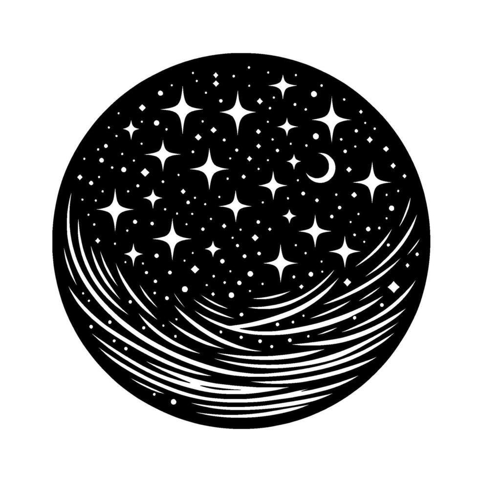 A striking black and white stylized illustration of a starry night sky within a circular frame featuring stars, dots and a crescent moon, and curved lines. vector