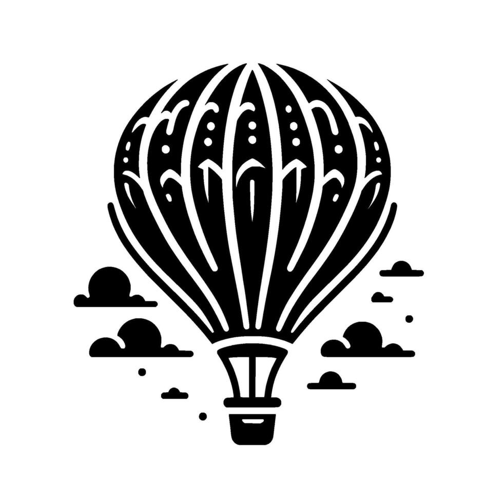 Elegant Black and White Illustration of a Hot Air Balloon with Intricate Decorative Details, Floating Amongst Simple Cloud Silhouettes. vector