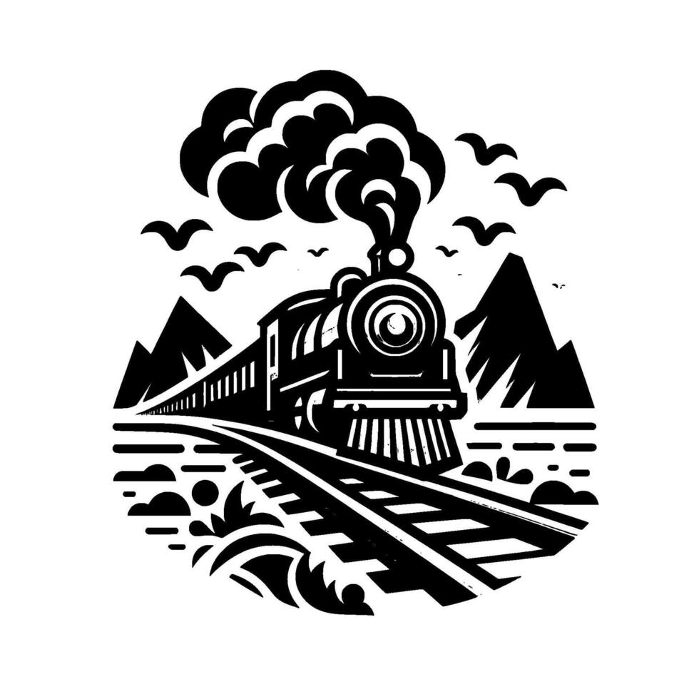 Vintage steam train illustration, black and white, with mountains, birds, and landscape elements, in a stylized round frame. vector